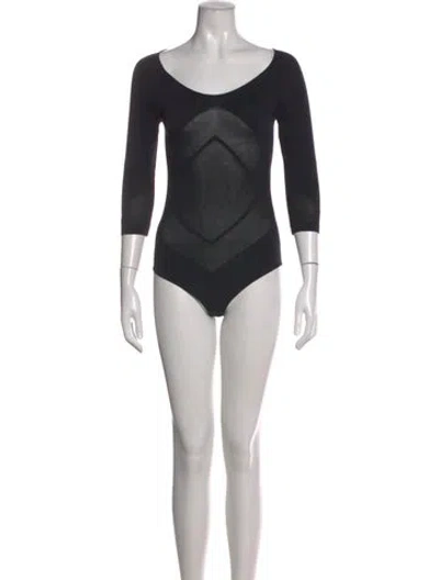 Pre-owned Wolford V-neck Three-quarter Sleeve Bodysuit In Black
