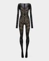 Wolford X Etro Tattoo Circular-knit Catsuit In Grey/black