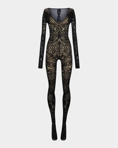 Wolford X Etro Tattoo Circular-knit Catsuit In Grey/black