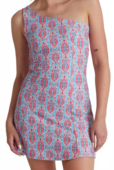 Wolven Amalfi One Shoulder Mini Dress In Multi In Blue