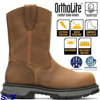 Pre-owned Wolverine 10" Wellington Men's Composite Toe Waterproof Leather Work Boots Wv In Brown