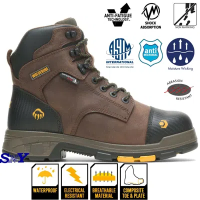 Pre-owned Wolverine Met-guard 6" Waterproof Composite Toe Moisture Wicking Men's Boots Wv In Brown