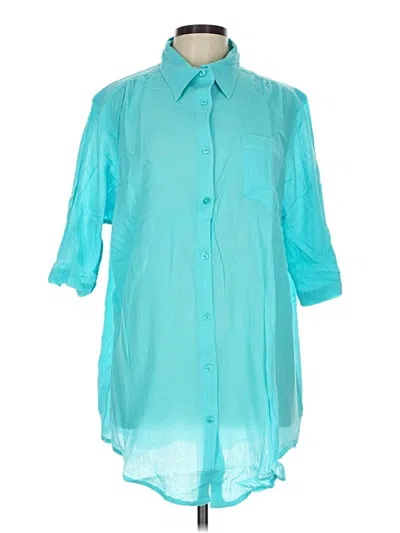 Pre-owned Woman Within 3/4 Sleeve Button Down Shirt In Blue
