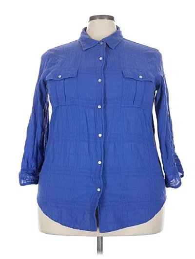 Pre-owned Woman Within 3/4 Sleeve Button Down Shirt In Blue