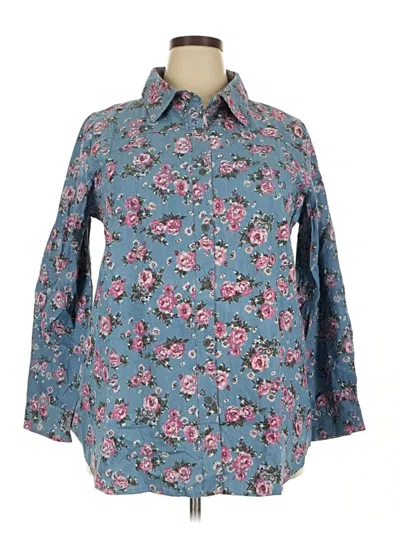 Pre-owned Woman Within 3/4 Sleeve Button Down Shirt In Blue
