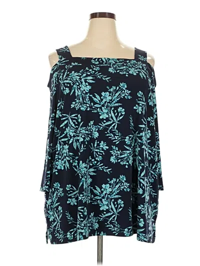 Pre-owned Woman Within 3/4 Sleeve Top Teal Floral Pattern Cold Shoulder Neckline Tops