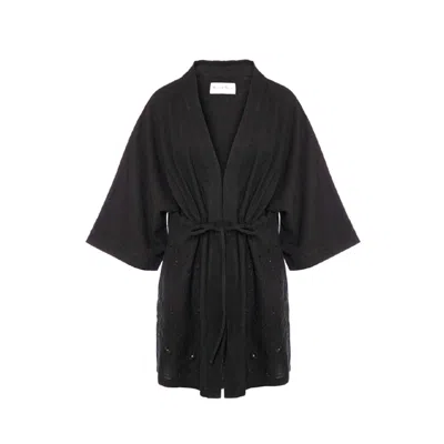 Women&women Women's Alexandria, Linen Blend, Embroidered, Black Short Kimono