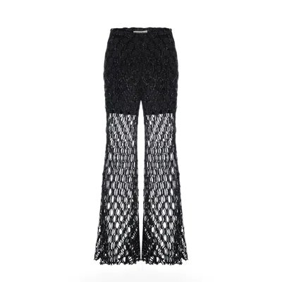 Women & Women Women's Black Flared Trousers With Decorative Lace, Shimmering Fabric Details, And Lining.