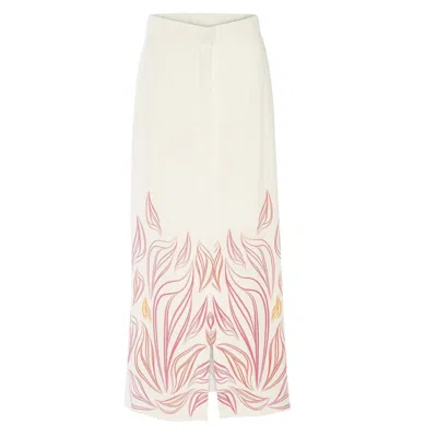 Women&women Women's Lobelia White, Long, Design Printed, Slit Skirt