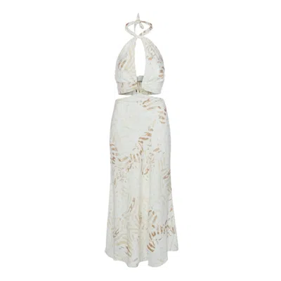 Women&women Women's Neutrals Cut-out Detail, Linen Blend, Backless, Full Patterned, Maxi Dress With Tie-neck In White