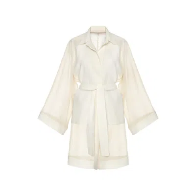 Women&women Women's Neutrals Golden Yellow Sparkling Shimmer Detailed, Woven, Ecru White Kimono Shirt In Beige/white/yellow