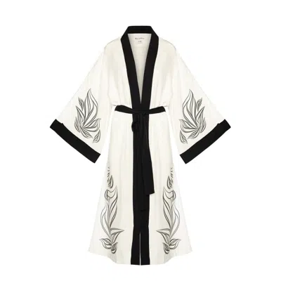 Women&women Women's White / Black Lina White, Black Design Pattern Printed, Draped Kimono In White/black