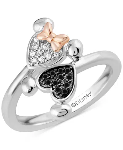 Wonder Fine Jewelry Black & White Diamond Minnie & Mickey Mouse Bypass Ring (1/5 Ct. T.w.) In Sterling Silver & Rose Gol In Sterling Silver  Rose Gold-plate