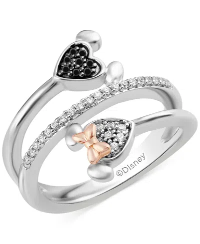 Wonder Fine Jewelry Black & White Diamond Minnie & Mickey Mouse Wrap Ring (1/6 Ct. T.w.) In Sterling Silver & Rose Gold- In Sterling Silver  Rose Gold-plate