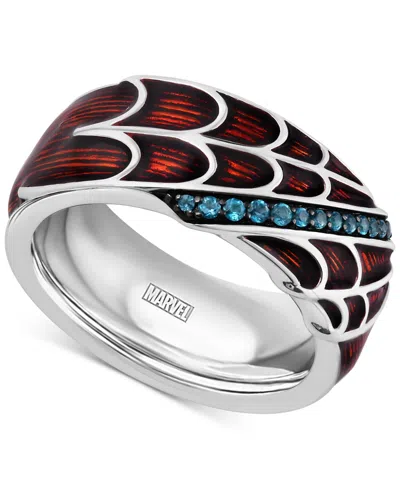 Wonder Fine Jewelry Marvel  Men's London Blue Topaz (1/6 Ct. T.w.) & Red Enamel Spiderman Web Ring In In Sterling Silver