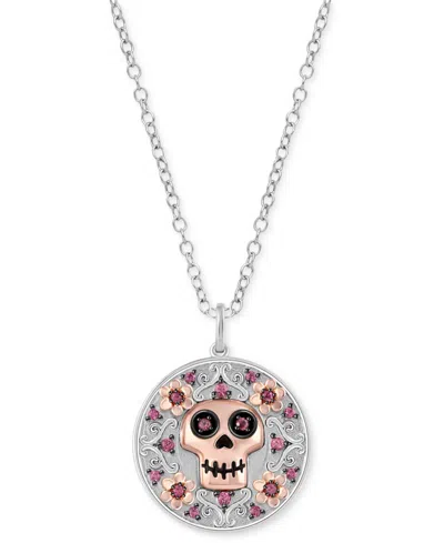 Wonder Fine Jewelry Rhodolite Coco-inspired Skull & Flower Disc 18" Pendant Necklace (1/4 Ct. T.w.) In Sterling Silver & In Sterling Silver  Rose Gold-plate