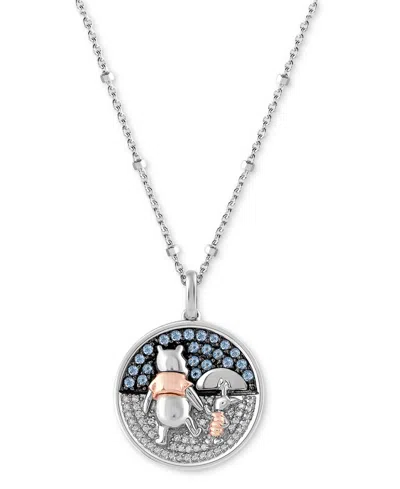Wonder Fine Jewelry Swiss Blue Topaz (1/4 Ct. T.w.) & Diamond (1/10 Ct. T.w.) Pooh & Piglet 18" Pendant Necklace In Ster In Sterling Silver  Rose Gold-plate
