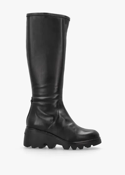Wonders G-7031 Black Leather Wedge Knee Boots