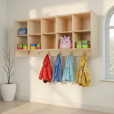Wood Designs 10 Compartment Wall Hanging Cubby With Hooks In Brown