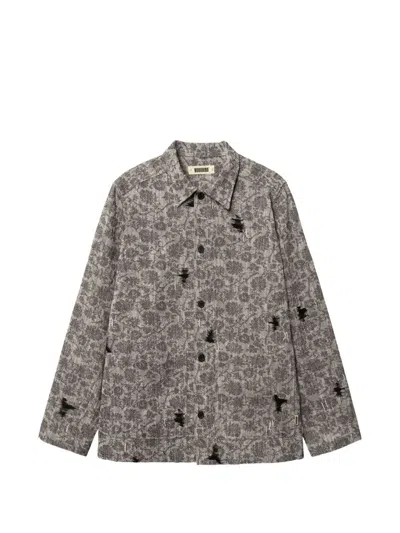 Woodbird Blade Rip Distressed Floral-print Shirt Jacket In Gray