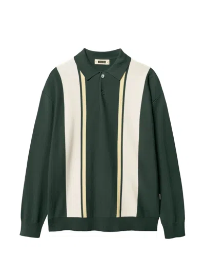 Woodbird Dom Gran Striped Long-sleeve Polo Shirt In Green