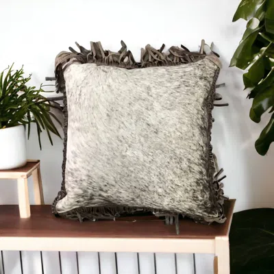 Wooded River Cowhide & Leather Fringe Pillow In Grey In Gray
