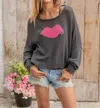 Wooden Ships Bisous Crew Cotton Sweater In Charcoal In Pink