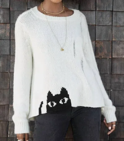 Wooden Ships Black Cat Crew Sweater In Pure Snow/black In White
