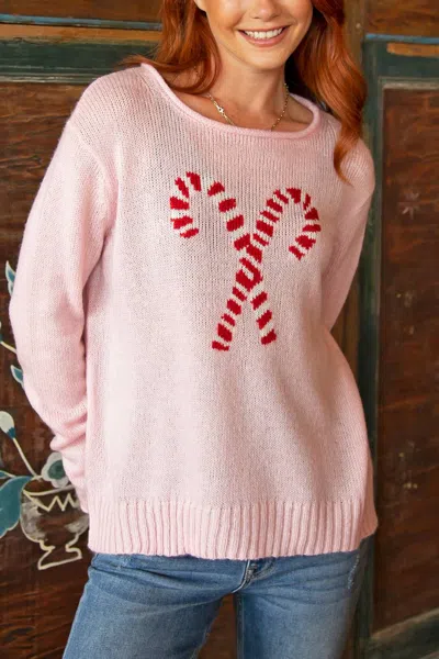 WOODEN SHIPS CANDY CANE CREW LIGHTWEIGHT SWEATER IN PINK