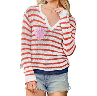 Wooden Ships Eloise Striped Henley Sweater In Red & White In Multi