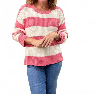 Wooden Ships Foster Striped Crew Cotton Sweater In Fierce Pink Breaker White In Black