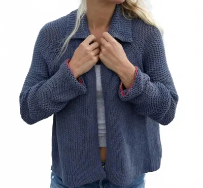 Wooden Ships Heart Back Chunky Cotton Cardigan In Indigo Coast Heather/ Apple Red In Gray