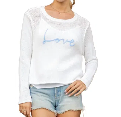 Wooden Ships Love Script Sweater In Breaker White/china Blue In Multi