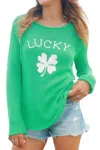 WOODEN SHIPS LUCKY CLOVER CREWNECK COTTON SWEATER IN SEAGREEN/BREAKER WHITE