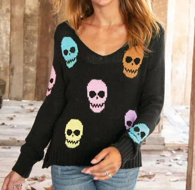 Wooden Ships Multiple Skulls V Neck Sweater In Black Multi