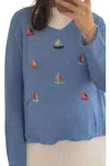 Wooden Ships Mykanos Regatta V-neck Cotton Sweater In Blue In Blue