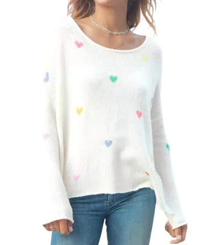 Wooden Ships Rainbow Hearts Crew Lightweight Sweater In Pure Snow/multi