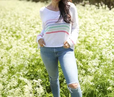 Wooden Ships Spring Rainbow V Neck Sweater In White Stripe In Multi