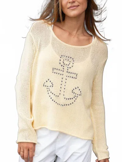 Wooden Ships Stitched Anchor Cotton Crew Sweater In Sunlight/ Darkest Indigo In Brown