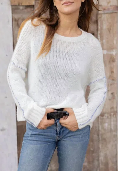 Wooden Ships Topstitch Crewneck Chunky Sweater In Pure Snow/scandia Blue In White