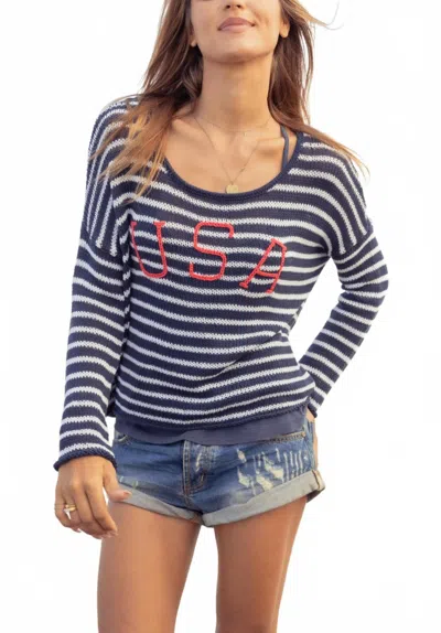 Wooden Ships Usa Striped Cotton Crew Shirt In Indigo/white In Multi