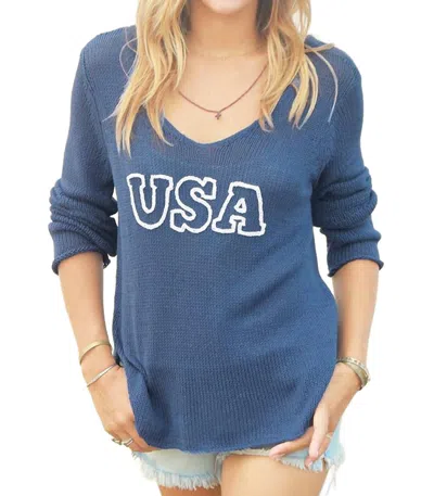 Wooden Ships Usa V-neck Cotton Sweater In Indigo/white In Multi
