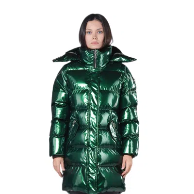 Woodpecker Penguin Long Length Quilted Coat In Glossy Green