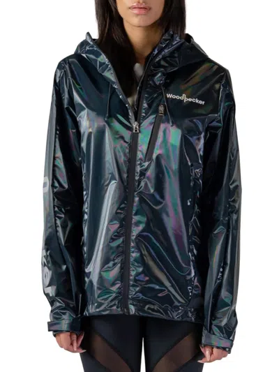Woodpecker Women's Logo Iridescent Rain Jacket In Black Galaxy