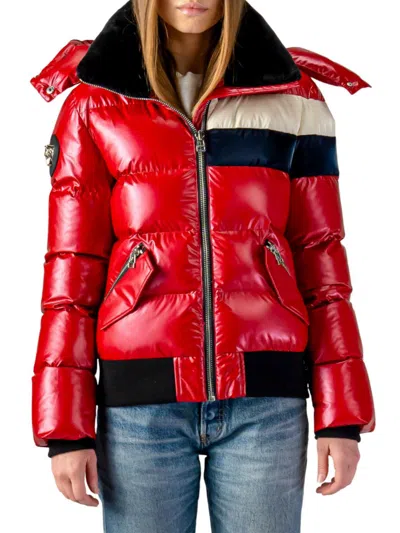 Woodpecker Women's Woody Faux Fur Lined Puffer Jacket In Red White