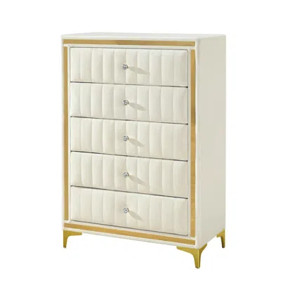 Woodpeckers Furniture And Mattress 5-drawer Chest Dresser With Gold Legs And Gold Trim - Fully Assembled In White