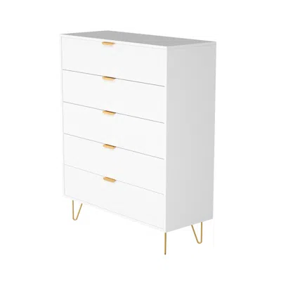 Woodpeckers Furniture And Mattress 5-drawer Chest In Mdf Wood With Gold Metal Legs And Handles. In White