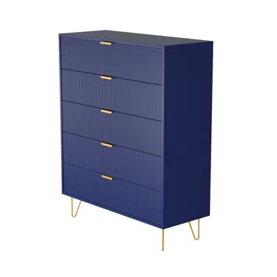 Woodpeckers Furniture And Mattress 5-drawer Chest In Mdf Wood With Gold Metal Legs And Handles. (blue)