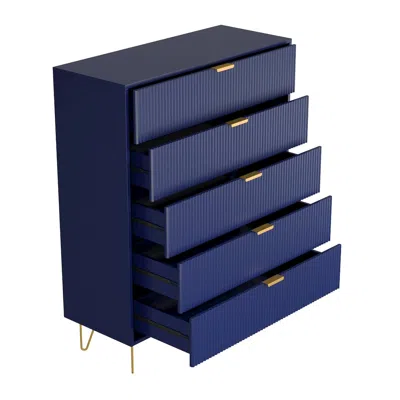 Woodpeckers Furniture And Mattress 5-drawer Chest In Mdf Wood With Gold Metal Legs In Blue Color