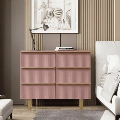 Woodpeckers Furniture And Mattress 6-drawer Dresser In Mdf Wood With Gold Metal Legs And Handles In Pink Color